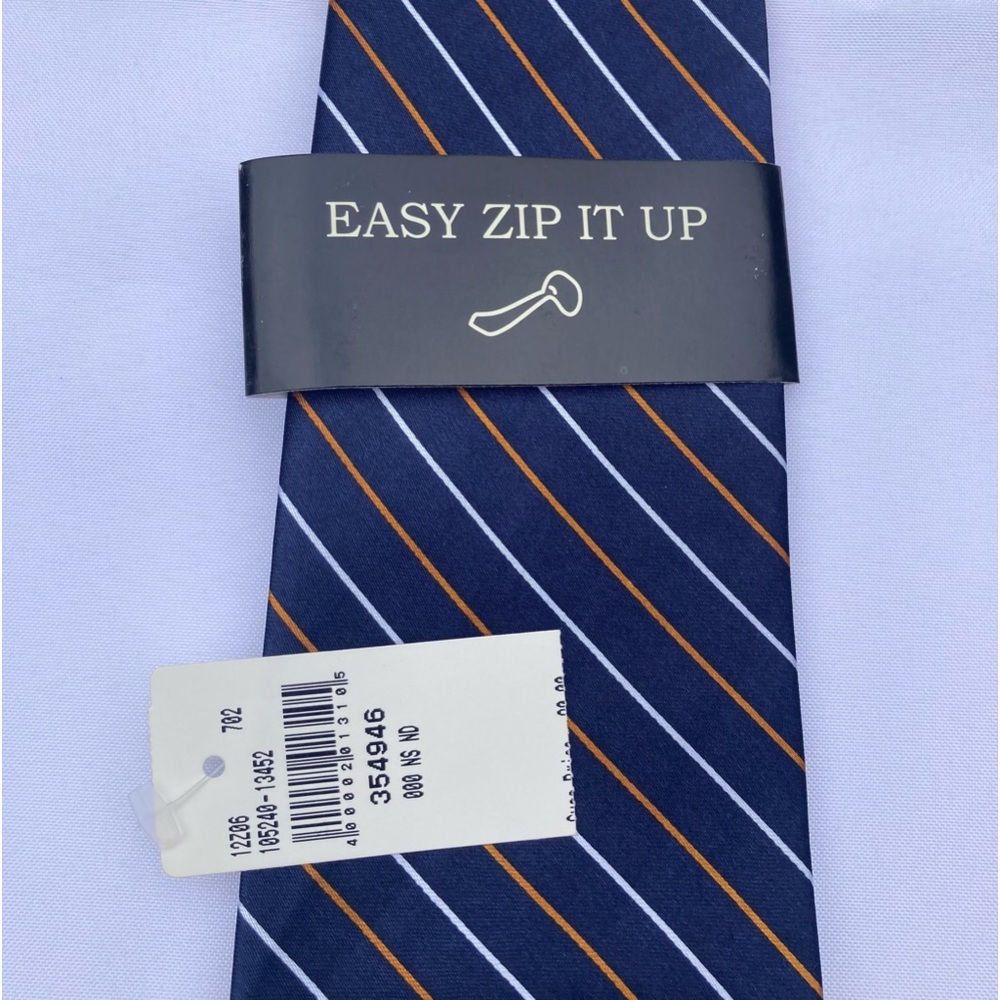 *NWT* Bert Pulitzer Easy Zip Necktie Navy Blue w Silver and Copper Stripes